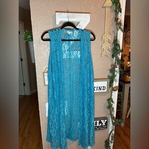 Lularoe Joy Long Lace Vest in Teal Women’s Size Medium